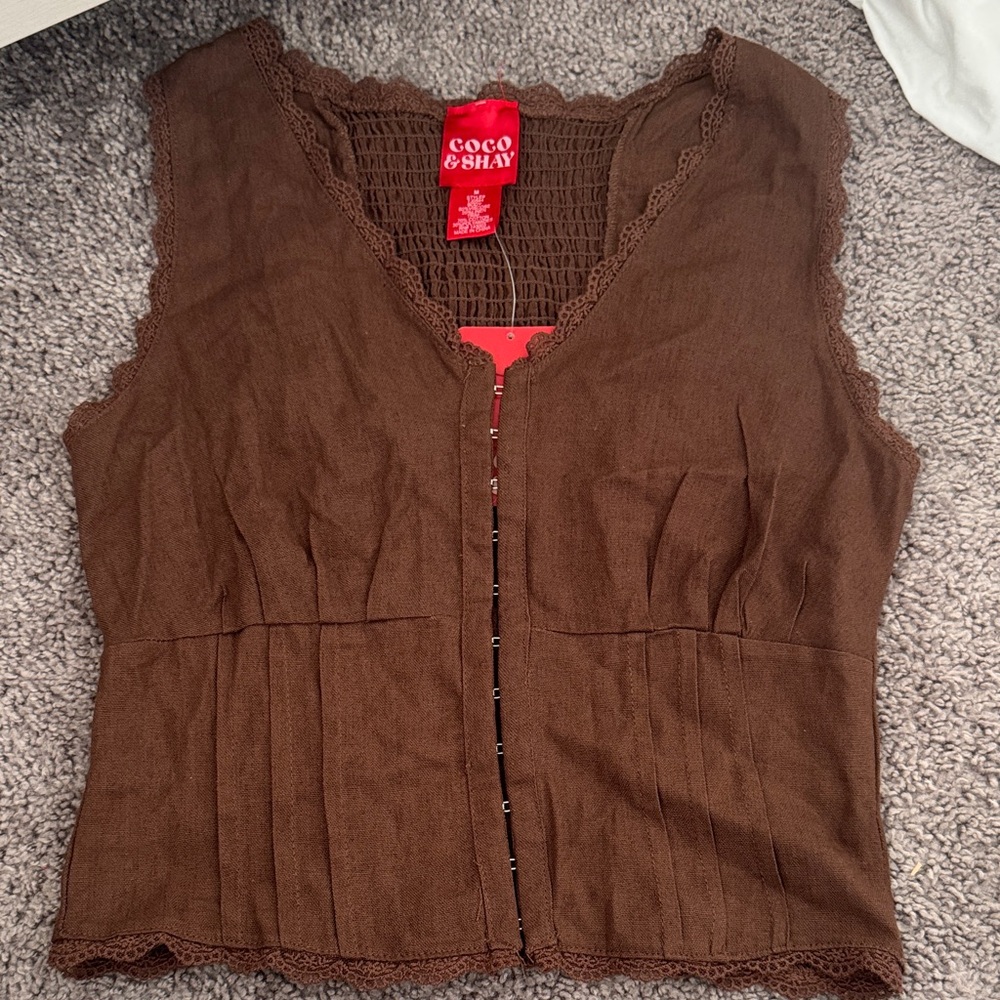 Brown Lace Trim Blouse
